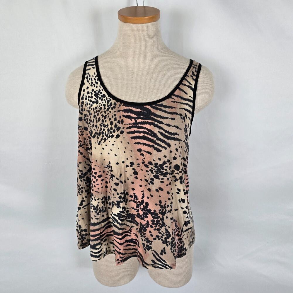 Kimchi Blue Tank Top Women's M Black Tan Orange Tiger Split Back Neck Tie Ruffle